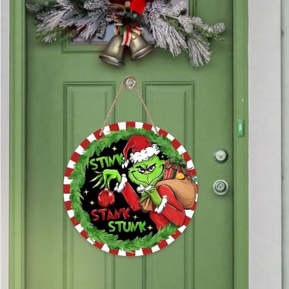 Grinch Christmas Stink Stank Stunk Front Door Sign, Gift Green Wood door sign - Picture 4 of 6